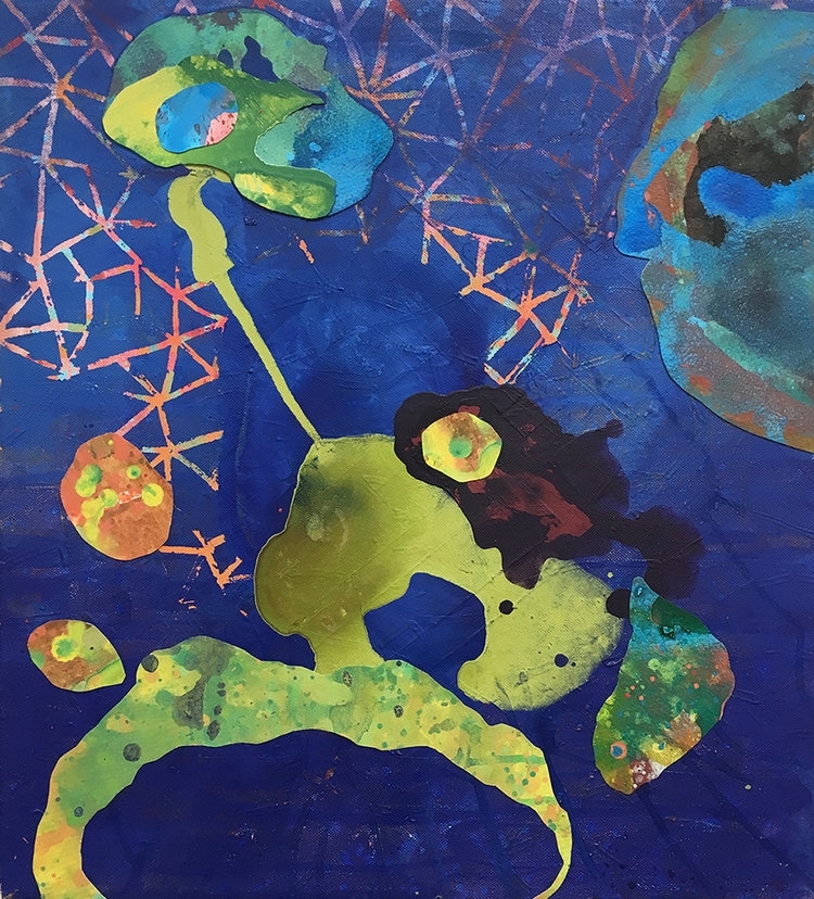 Francisco Donoso  Rescinding  Acrylic and collage on canvas 18 x 19 3/4 in