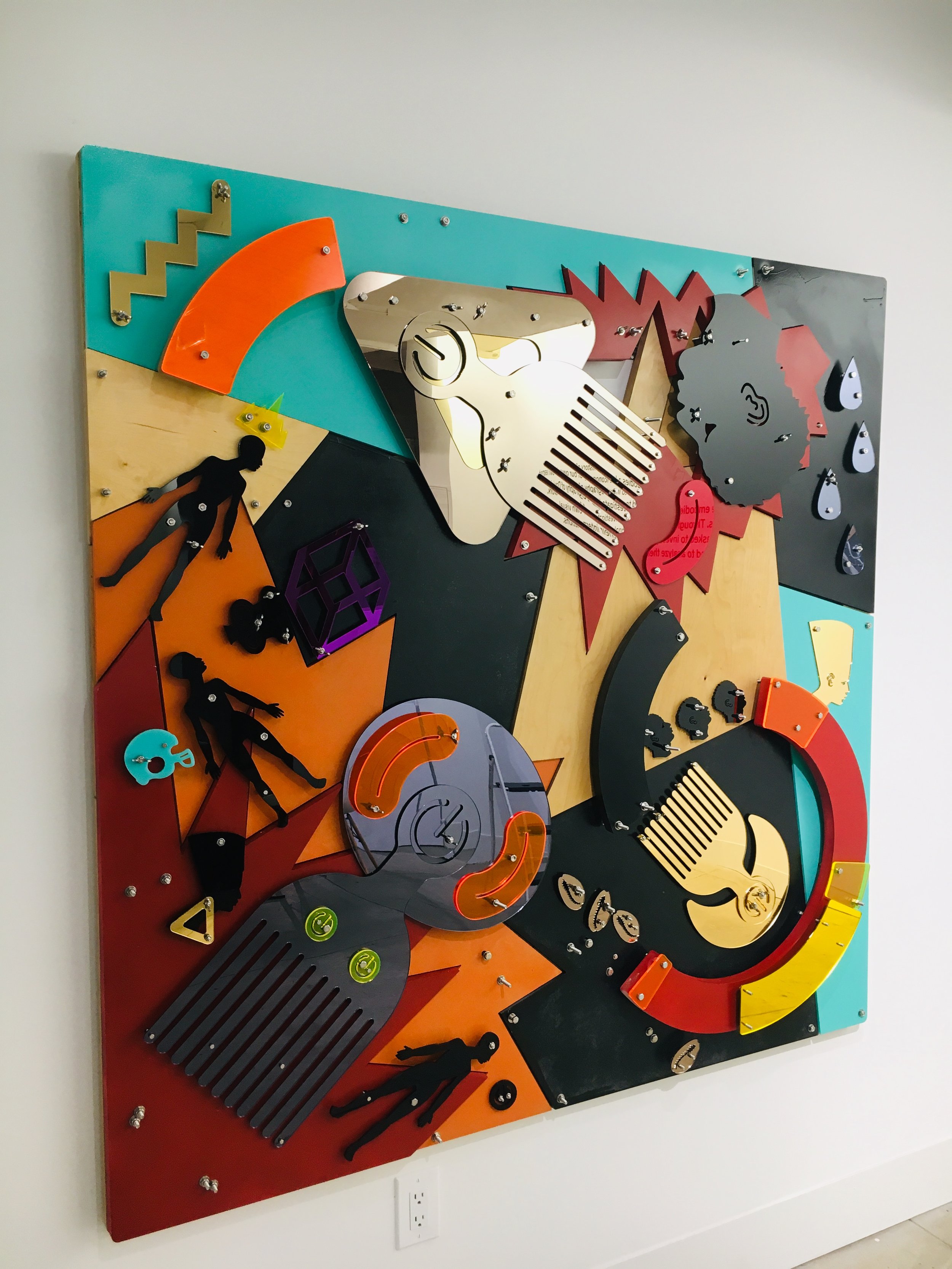 Improbable Cause (Blackamoors Collage #)   Plexiglass, Mirror, Stainless Steel and red oak board 60 x 60 in