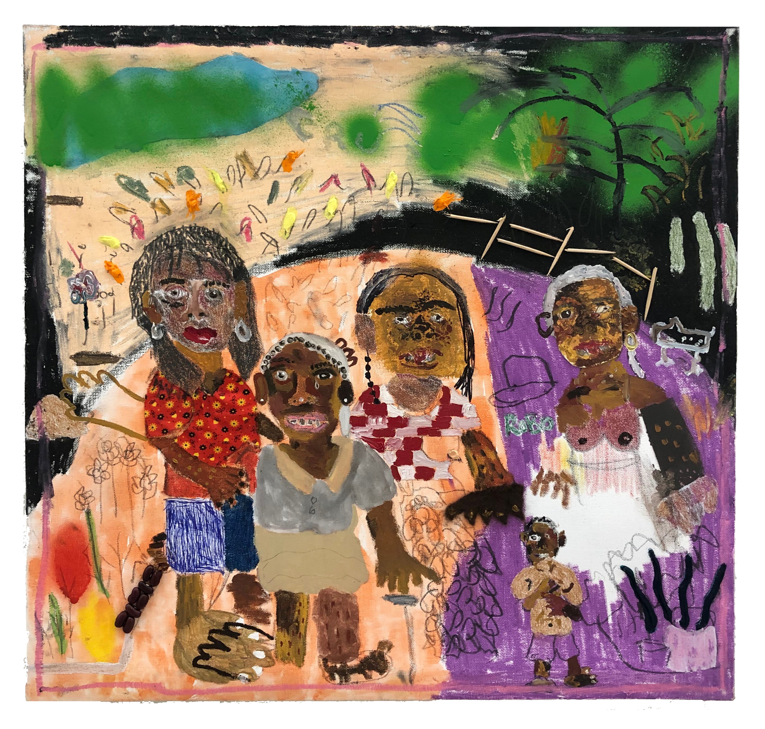 Mujeres de Campo   Mixed media on canvas 17 1/2 x 18 in