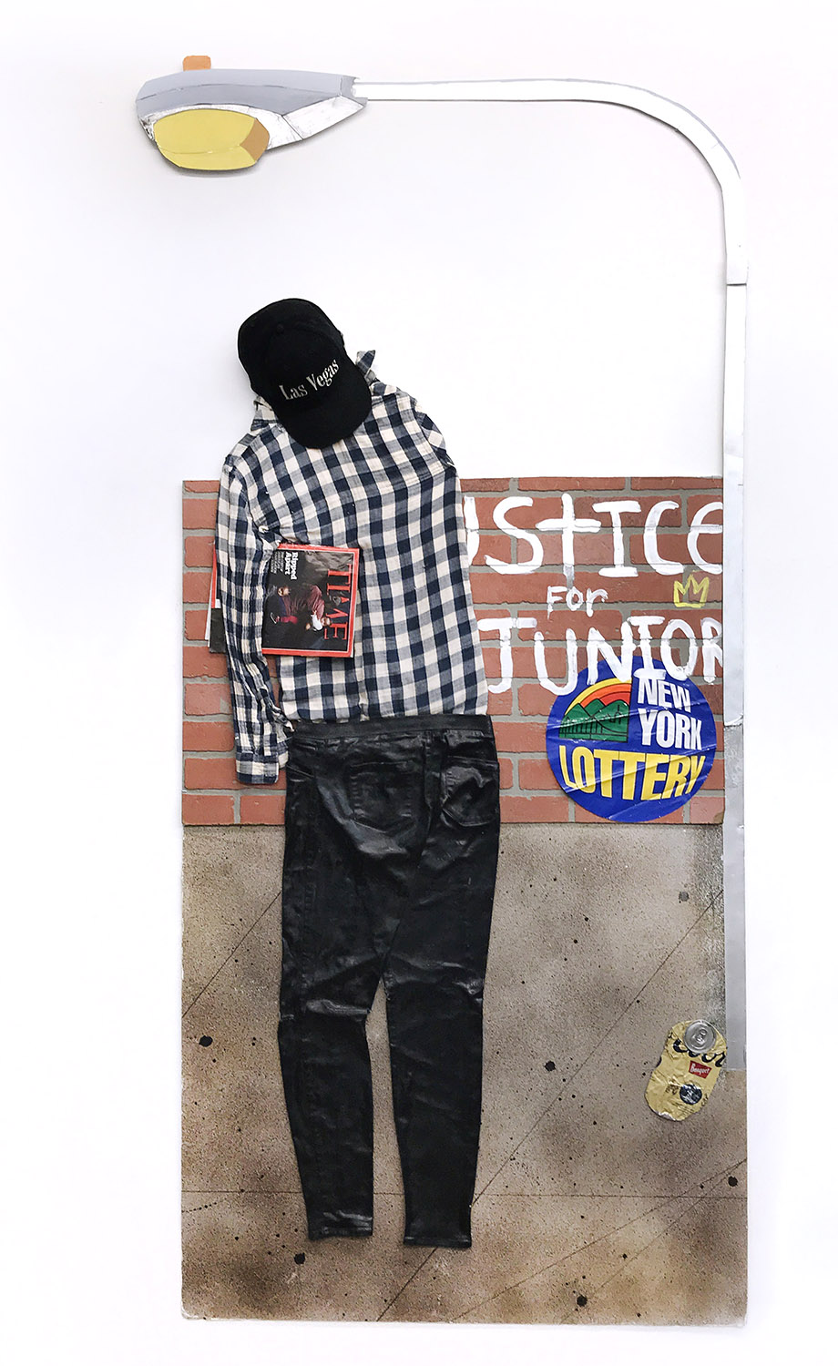 Bodega    Mixed media, spray paint, acrylic, sticker, and faux brick on foam board 72 x 41 x 4 in