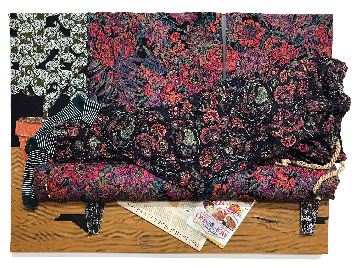 Netflix &amp; Shleep   Mixed media on canvas 40 x 30 x 2 in