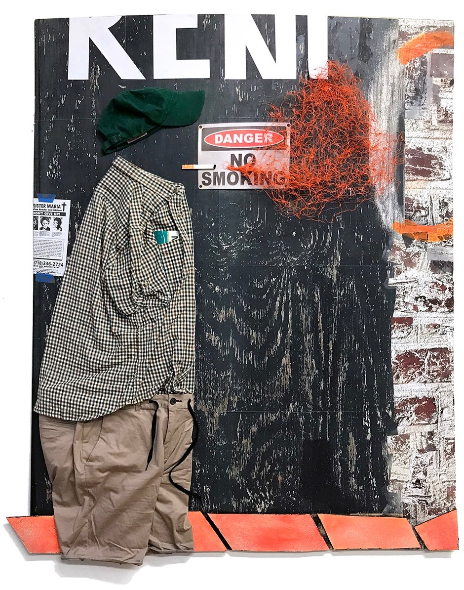 No Smoking   Mixed media, oil pastel, poster, and paper on plywood 60 x 50 1/2 x 1 in