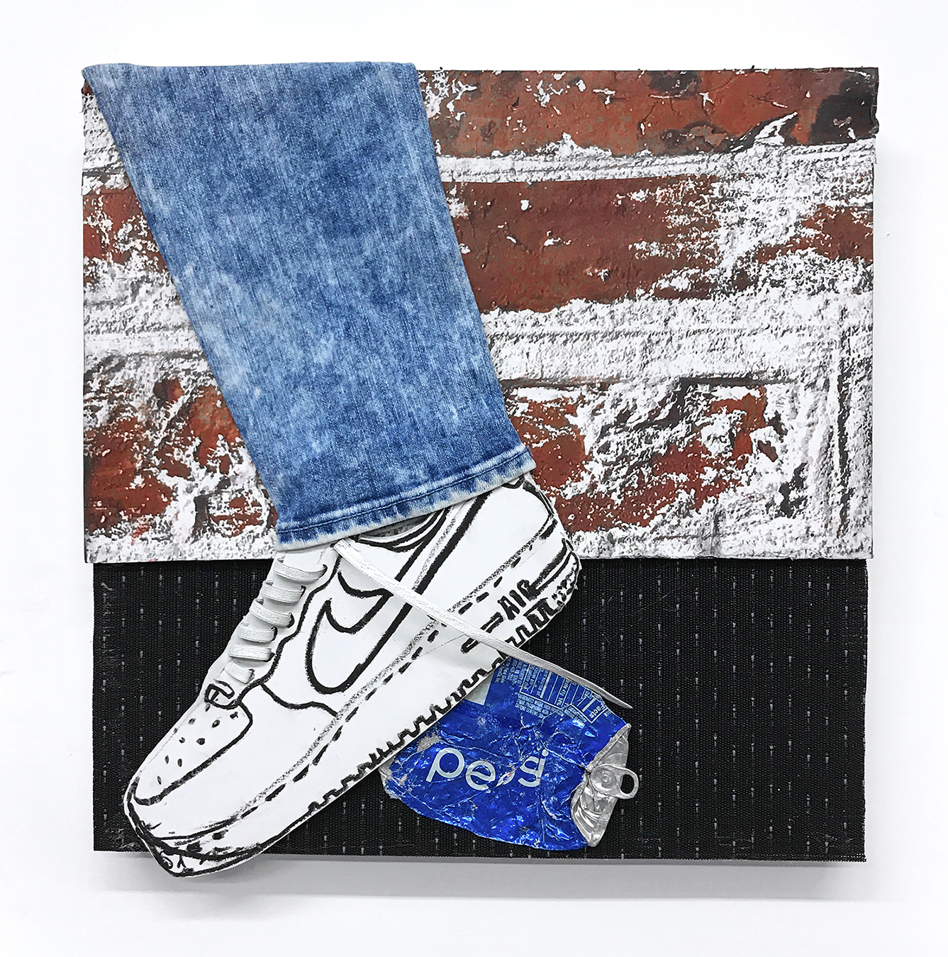 Pep In their Step   Mixed media, acrylic, digital print, and fabric on panel 16 x 16 in