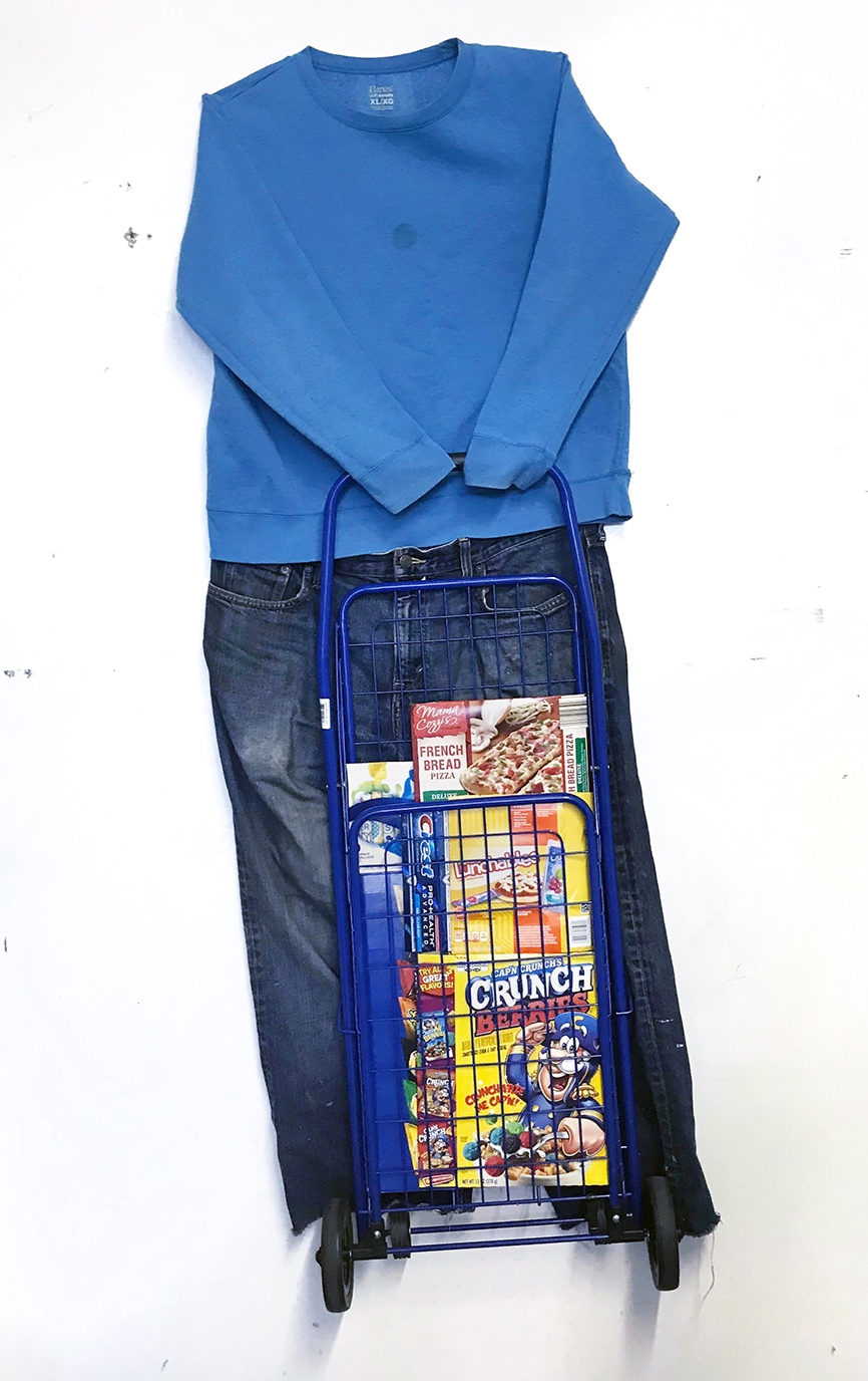 The Shopper   Shopping cart, cardboard packaging, jeans, and a sweatshirt 61 x 27 x 2 in