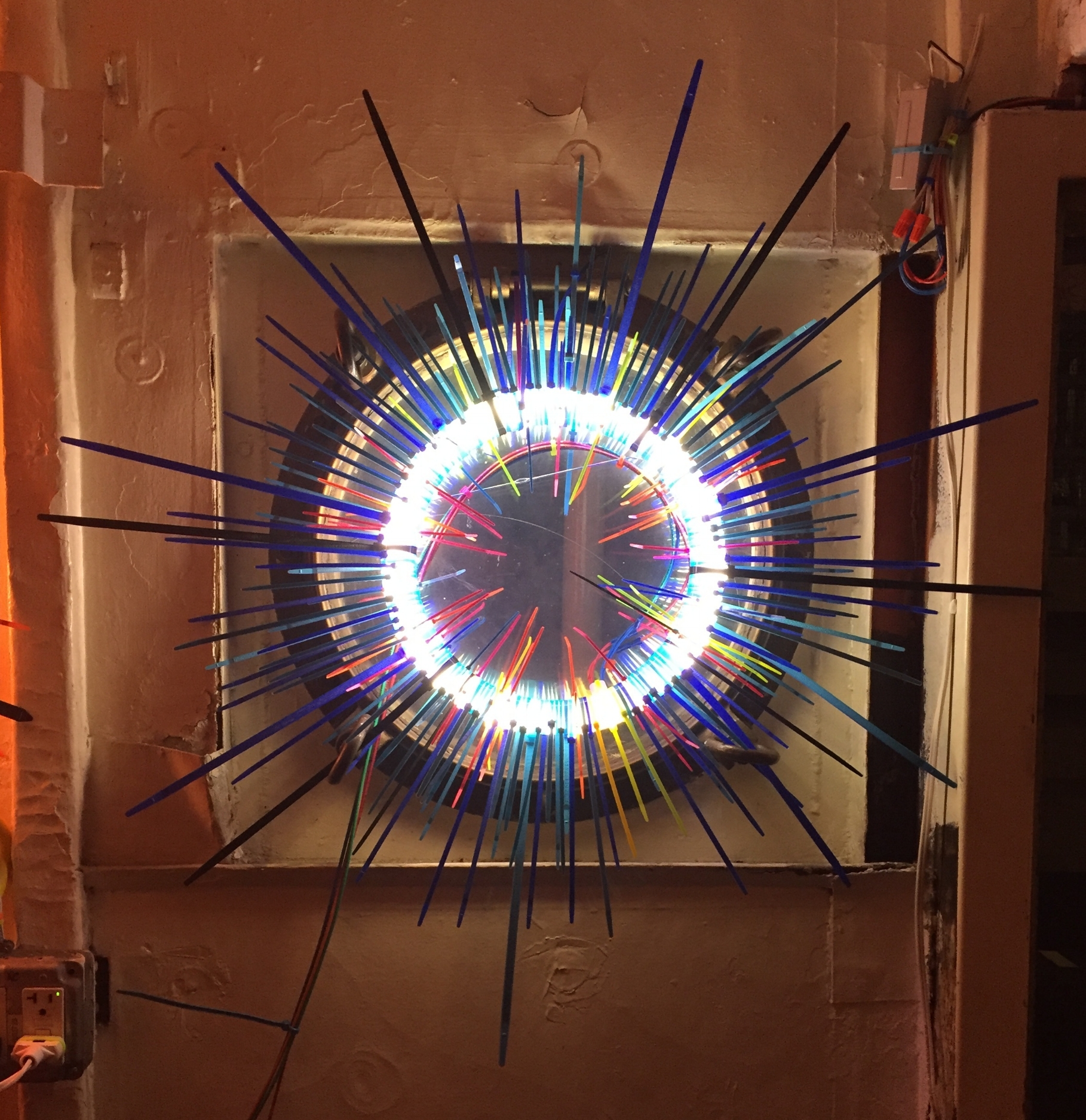 Untitled, Blue Quarters   Fluorescent Lamp, color snap ties, loom heddles and fishing spinners and color wire 12 in lamp diameter 24 in overall